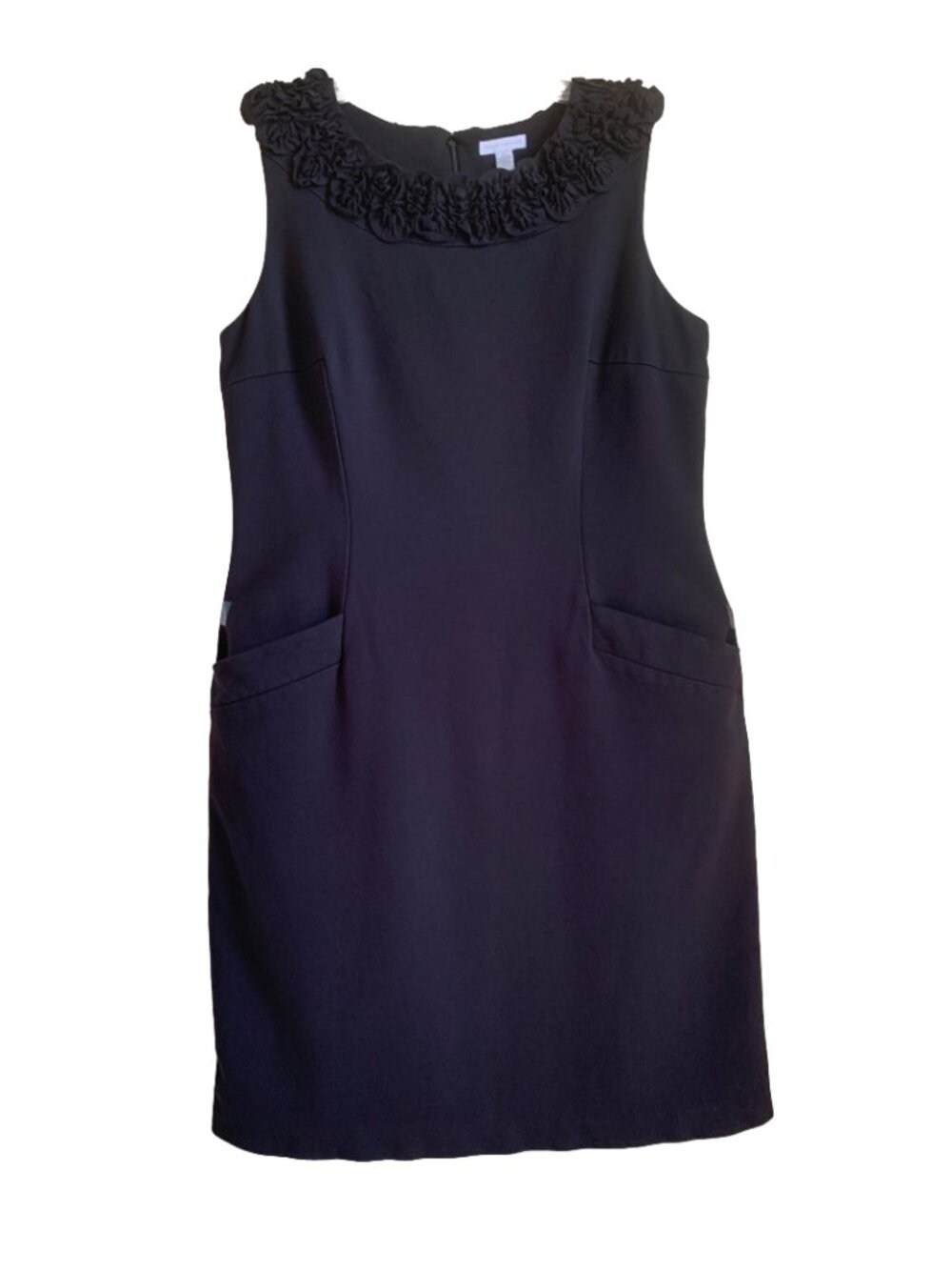 CHARTER CLUB Black Sleeveless Ruffle/Floral Collar Shift Dress w. Pockets Sz 14